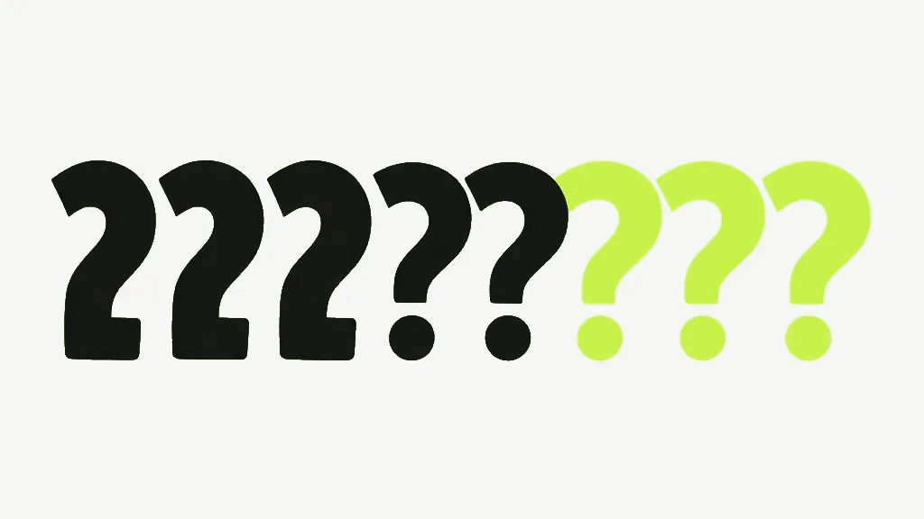 A row of question marks, dark at one end and bright green at the other