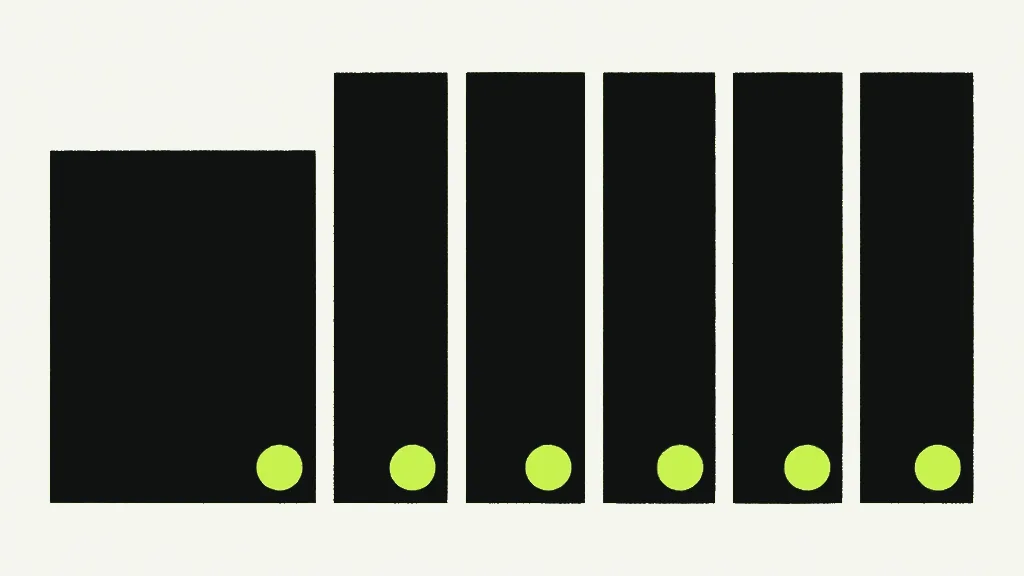 A row of upright dark sheets; the first is bare and each of the rest carries a small bright dot near its foot