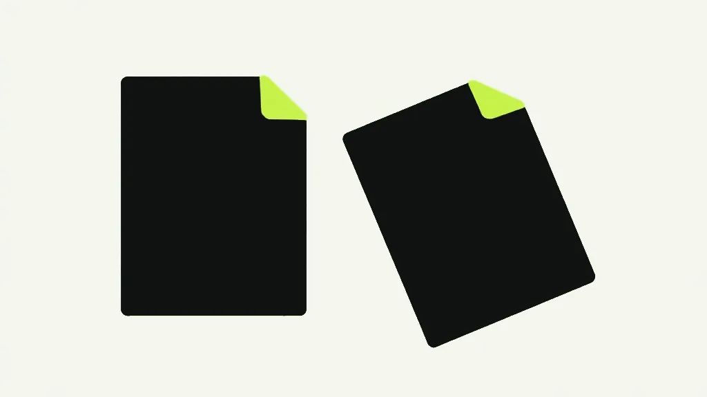 Two dark document sheets, the left upright and the right tilted at an angle, each with a folded bright lime corner