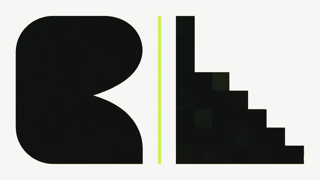 Two dark shapes either side of a thin bright line: one with smooth curved edges, the other built from stepped square blocks