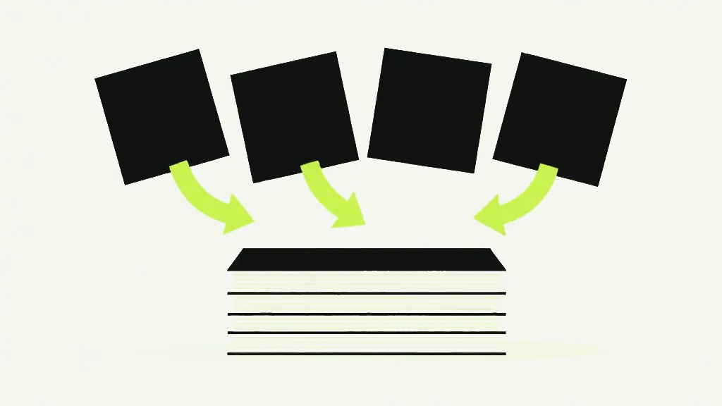 Four tilted dark squares with bright arrows curving down into a single neat stack