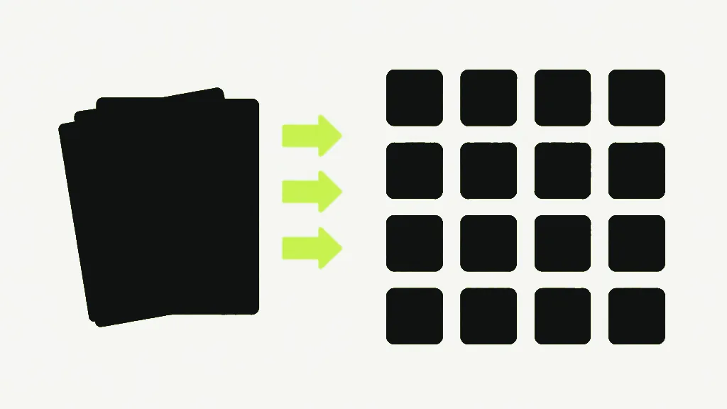 A small stack of dark pages with bright arrows leading to a grid of separate square tiles