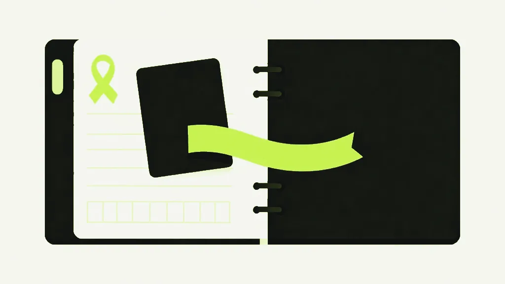 An open ring binder with a bright ribbon in it, and a dark card lifting away