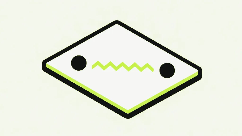 A pale square sheet with a thick near-black border lying flat at an angle, its lower edge trimmed in lime, two solid near-black dots far apart on it and a bright lime sawtooth zig-zag line running between them