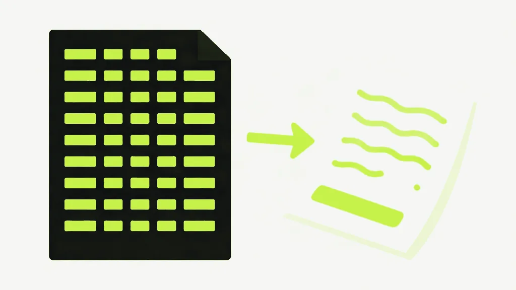 A dark document filled with rigid rows of small bright blocks, a bright arrow pointing across to a lighter open document of loose wavy lines and a bright bar