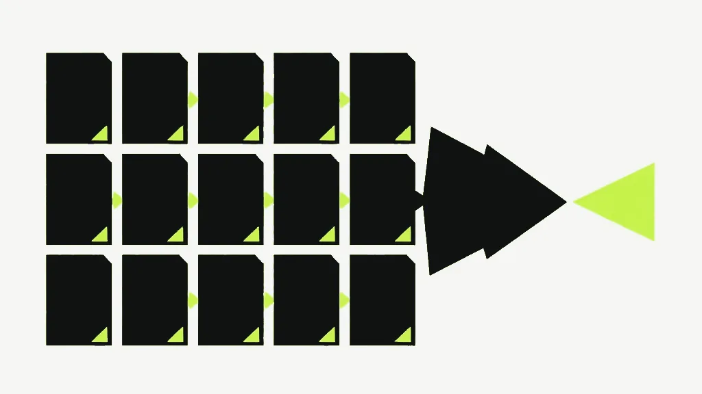 A grid of dark tiles each carrying the same bright corner mark, converging into one single bright mark