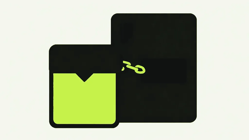 A bright panel overlapping a dark panel, the two joined by a small bright chain link