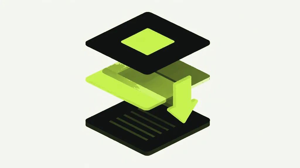 Separate layers floating one above another, with a bright arrow pressing them down together
