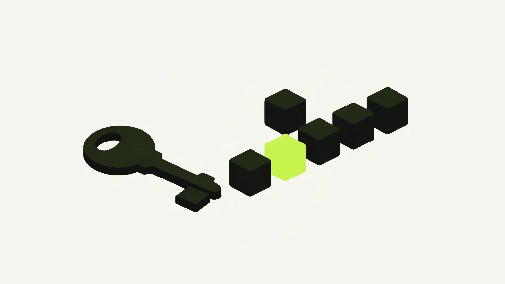 A dark charcoal key lying flat on the left beside a loose zigzag cluster of dark cubes, one cube near the middle bright lime, on a pale grey background