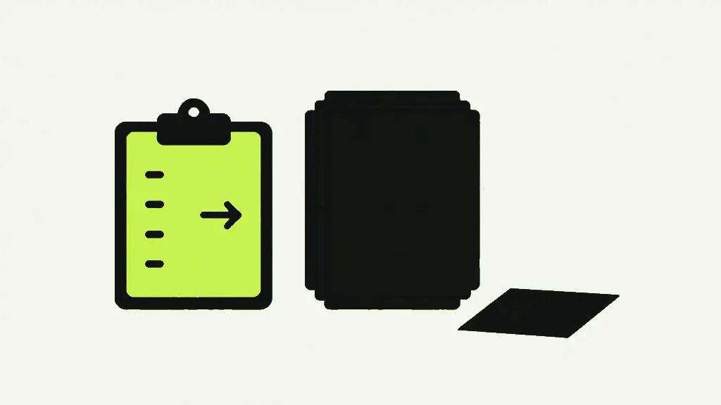 A bright clipboard listing a few dashes, beside a stack of dark cards, with one card left lying apart from the stack