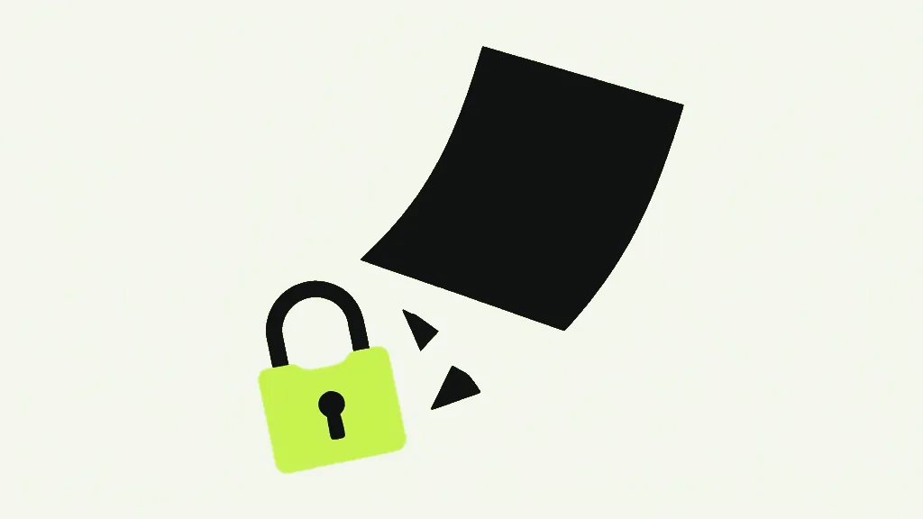 A dark sheet lifting away while a bright padlock breaks apart beneath it