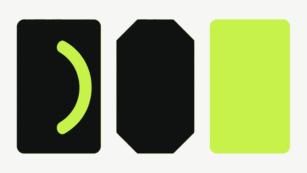 A dark card marked with a bright curve, beside another dark shape and a plain bright panel