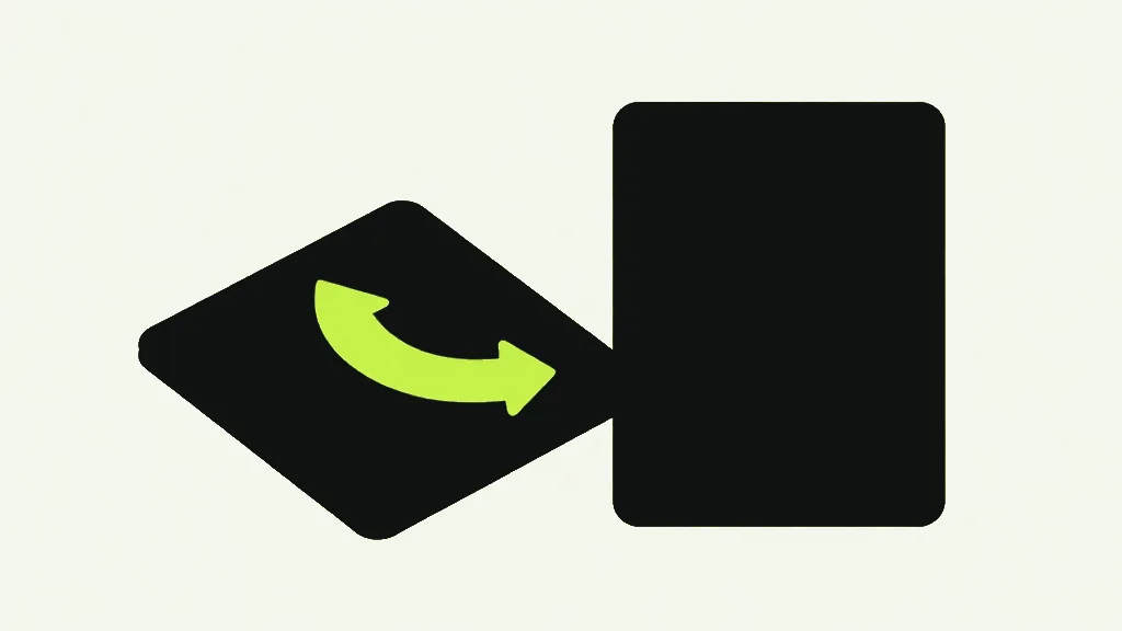A near-black card tipped on its side like a diamond on the left, a bright lime curved arrow sweeping across it, touching a tall upright near-black card with rounded corners on the right, on a pale grey-white background