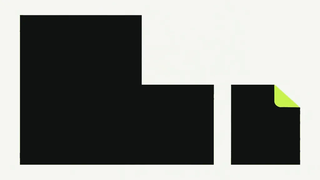 A huge dark block filling the left of the frame, stepped down on its right side, beside a much smaller dark sheet with a bright lime folded top-right corner, on a pale grey-white background