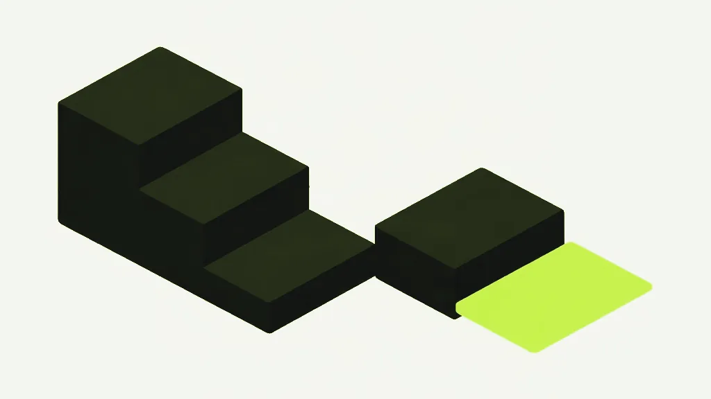 A dark three-step staircase on the left, and beside it a single lower dark block with a flat lime slab lying at its foot