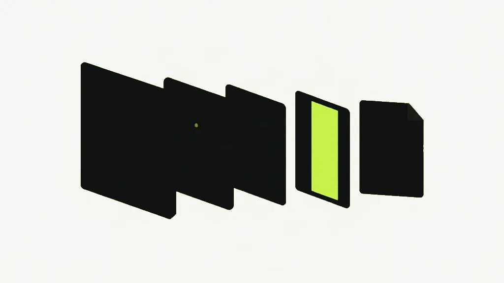 A row of dark upright sheets, one bearing a tall lime bar and another a small lime dot