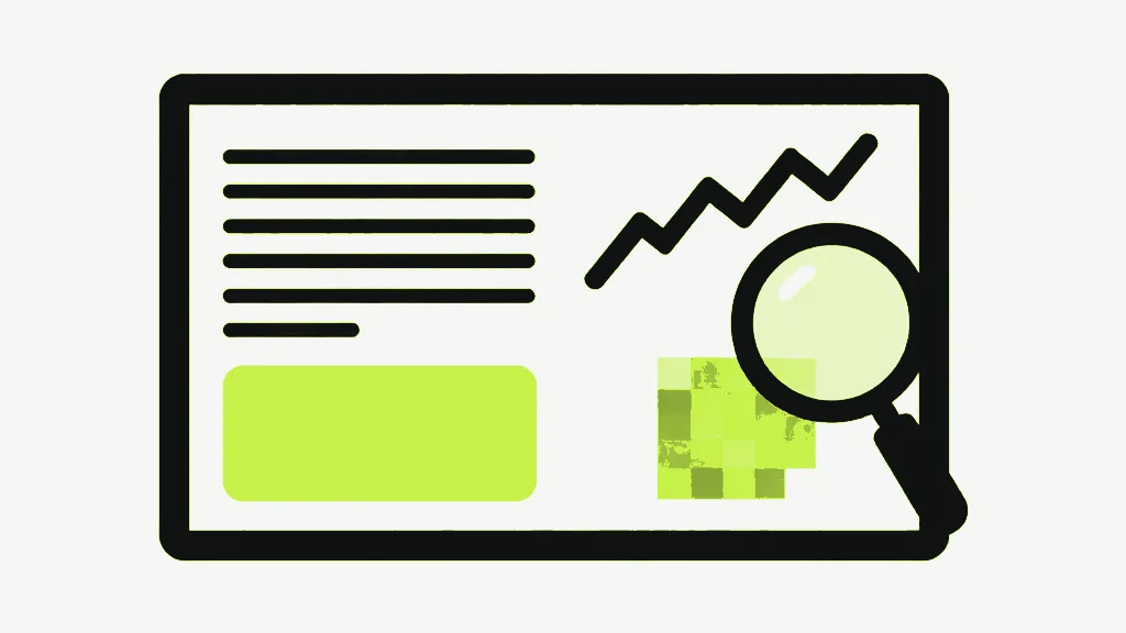 A panel holding ruled lines, a jagged peaked line and a bright block, with a magnifying glass over a small coarsely pixelated patch