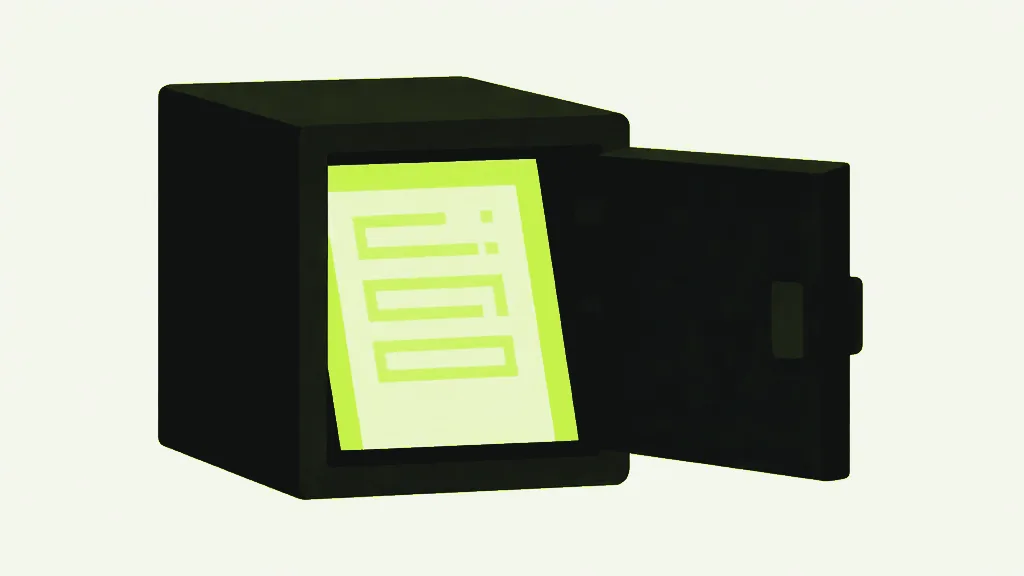 An open dark safe with a bright document standing inside it