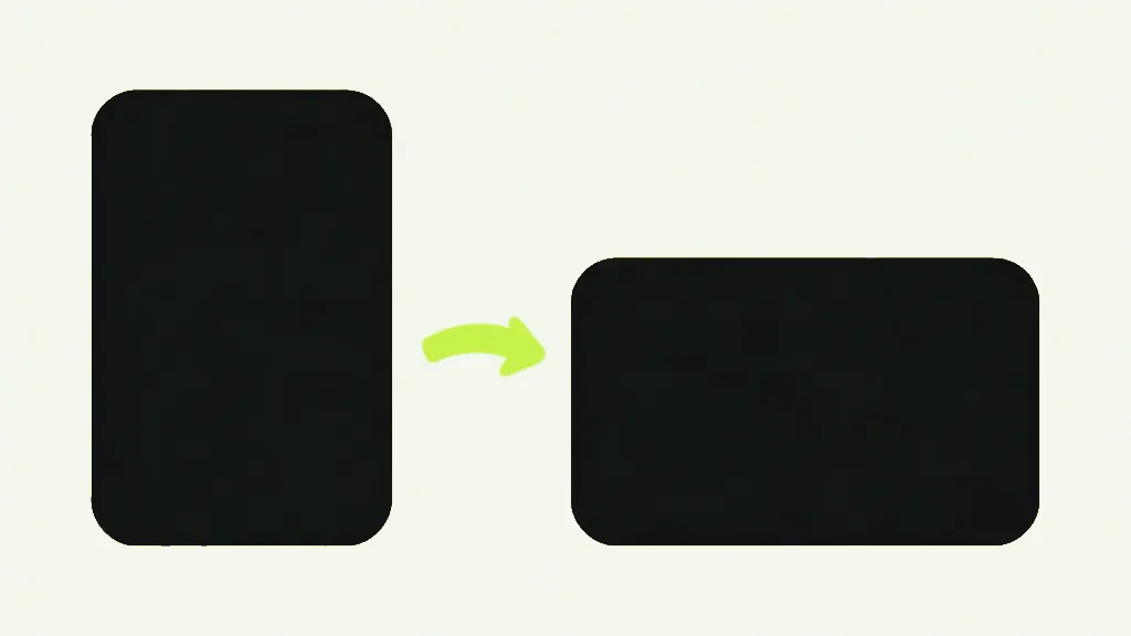 An upright dark rectangle, a small bright arrow, and the same rectangle lying on its side