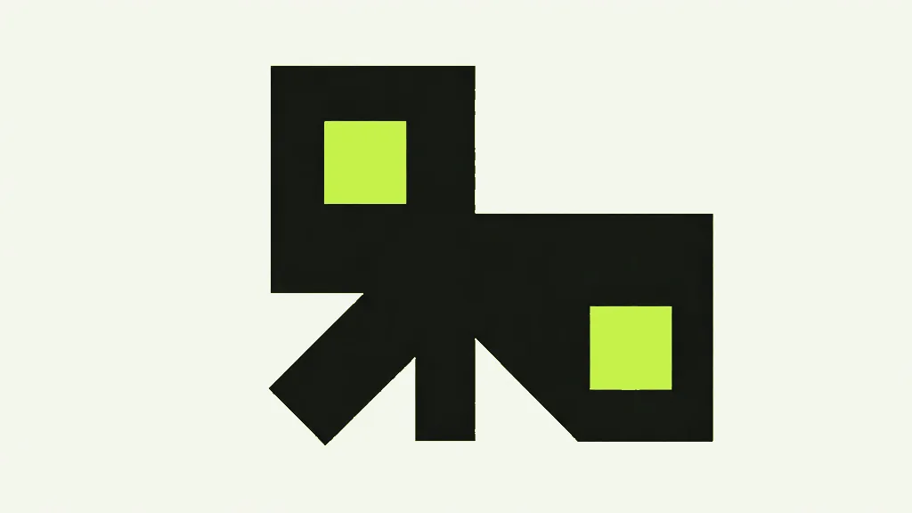 Two dark rectangles overlapping at right angles, each carrying a small bright square in a different corner