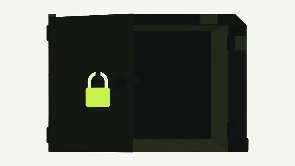 A heavy dark vault door with a bright padlock on its face