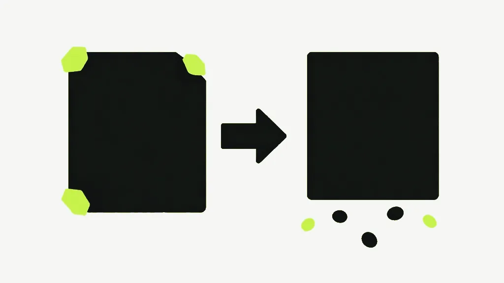 A dark square with bright corner marks, an arrow, and the same square arriving plain with small fragments falling away beneath it