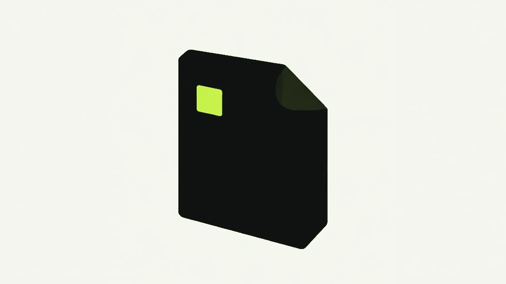 A dark card with a small lime square set into its upper corner