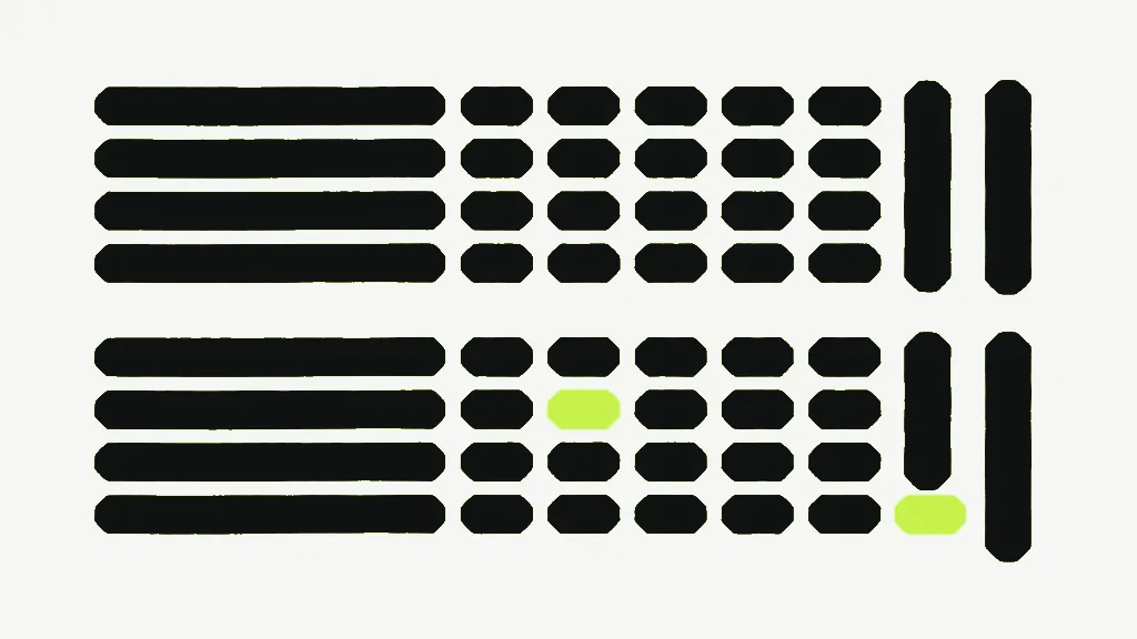 Rows of dark bars and dots of even length, with a single bright one interrupting the pattern near the end