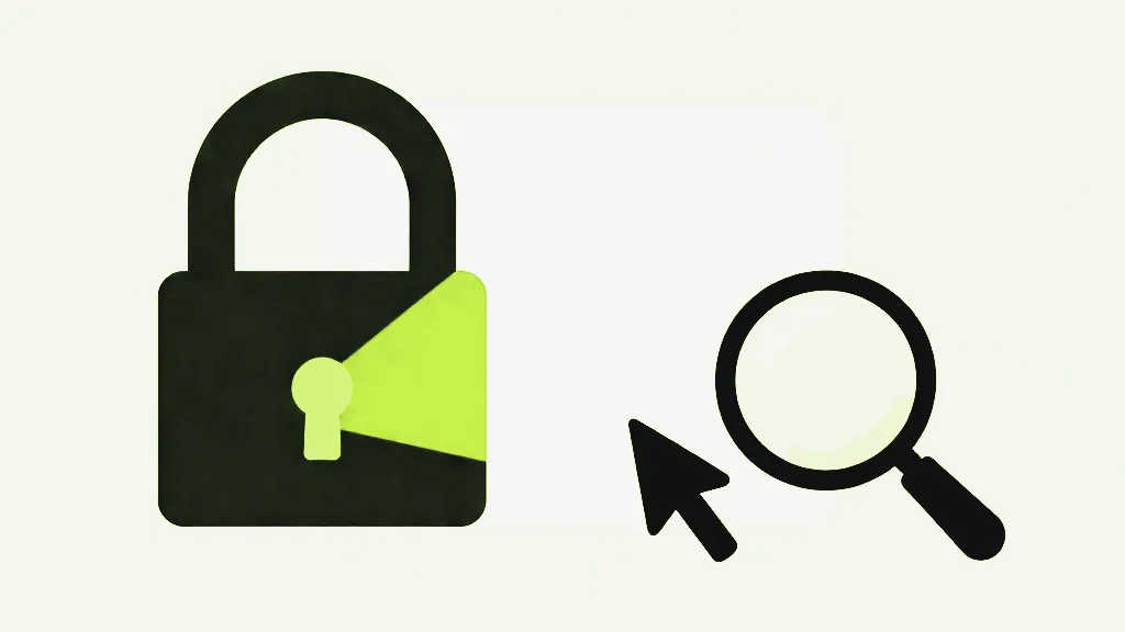 A dark padlock with a bright keyhole, beside a cursor arrow and a magnifying glass