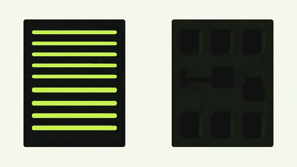 A dark sheet with flat bright lines printed across it, beside a dark sheet whose matching areas are recessed wells with depth