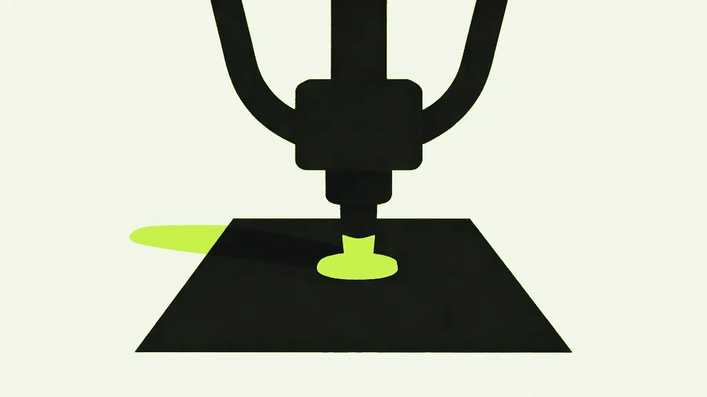 A dark press descending onto a flat sheet, a bright mark spreading out beneath it