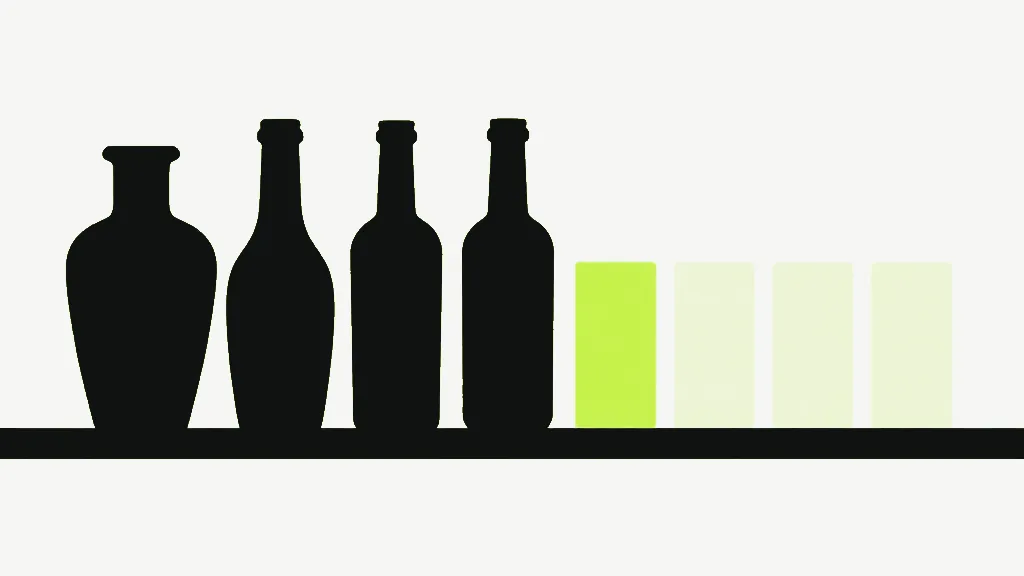 A row of ornate dark bottles on a shelf, beside plain pale identical cylinders