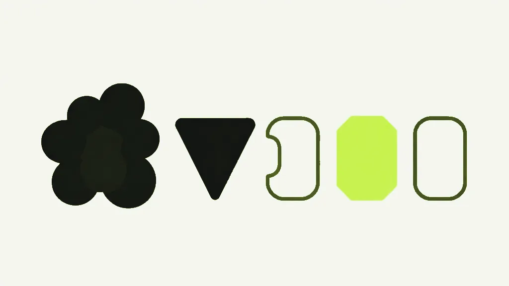 A dark irregular blob and a solid triangle beside a row of clean outlined shapes, one of them bright